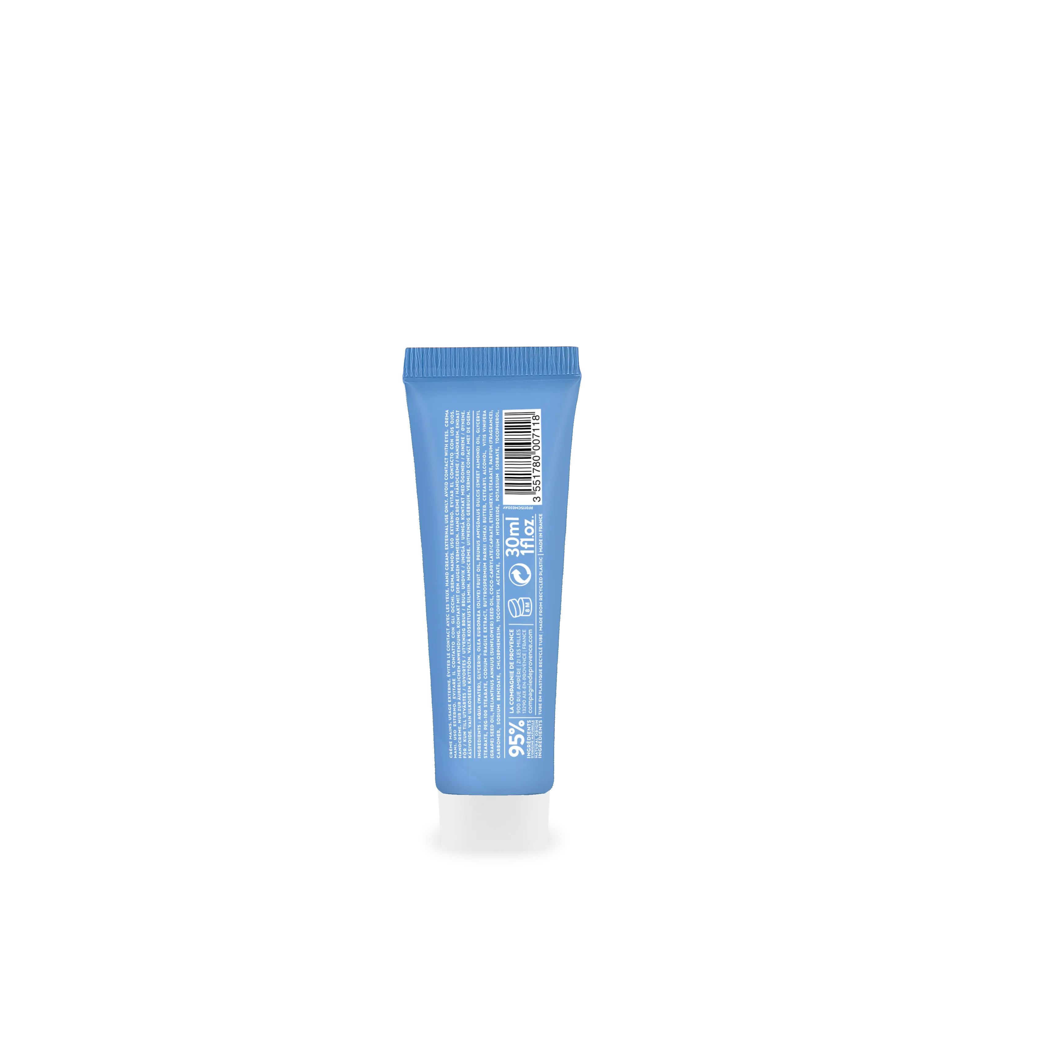 Rückseite einer blauen 30ml Handcreme-Tube mit weißem Verschluss und Text in Weiß.