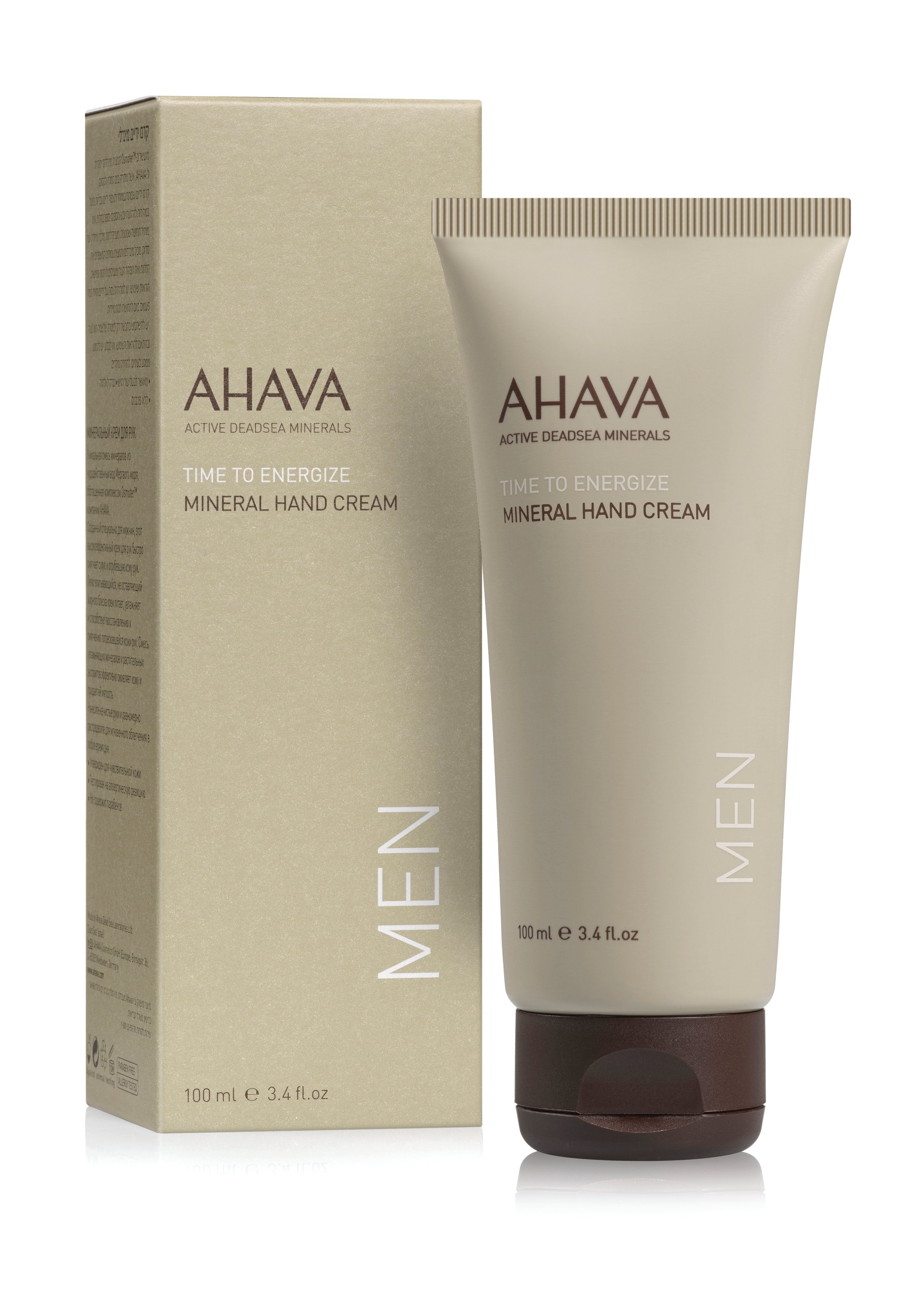 0697045158300 AHAVA Mineral Hand Cream für Männer, 100 ml Tube und Verpackung, grün.