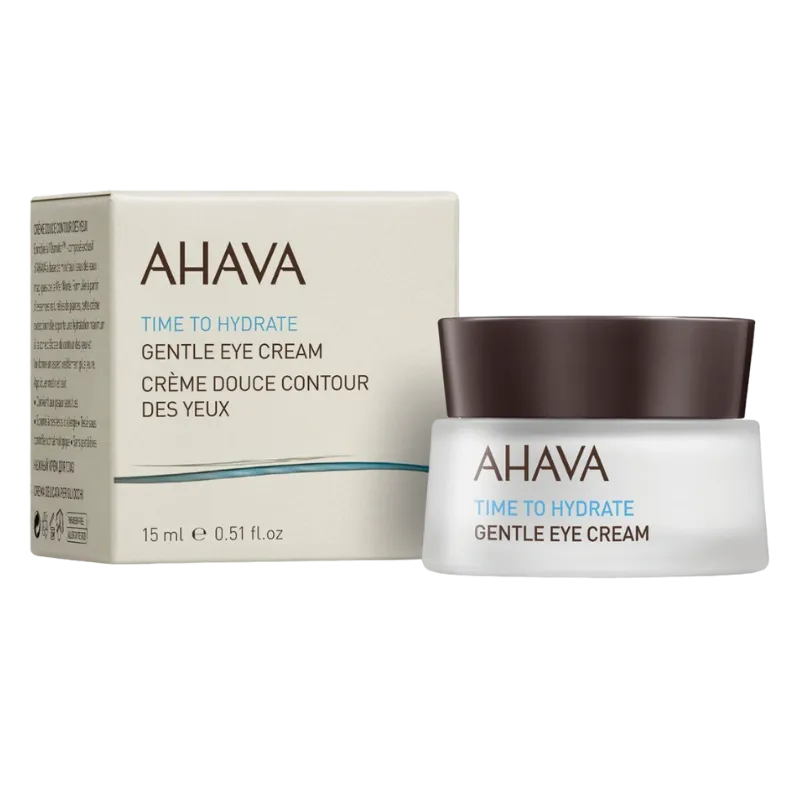 AHAVA Gentle Eye Cream, 15 ml, in weißem Tiegel mit braunem Deckel, neben der Produktverpackung.
