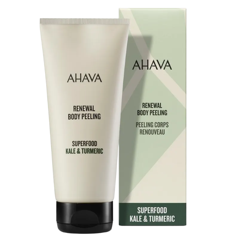 AHAVA Superfood Kale & Turmeric Renewal Body Peeling, Tube und Verpackung, auf weißem Hintergrund.