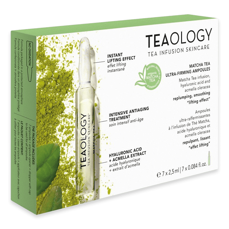 teaology-matcha-tea-ultra-firming-ampoules_optimized Verpackung von TEAOLOGY Matcha Tea Ultra-Firming Ampoules mit Text zu Lifting-Effekt, Anti-Aging-Behandlung und Hyaluronsäure.