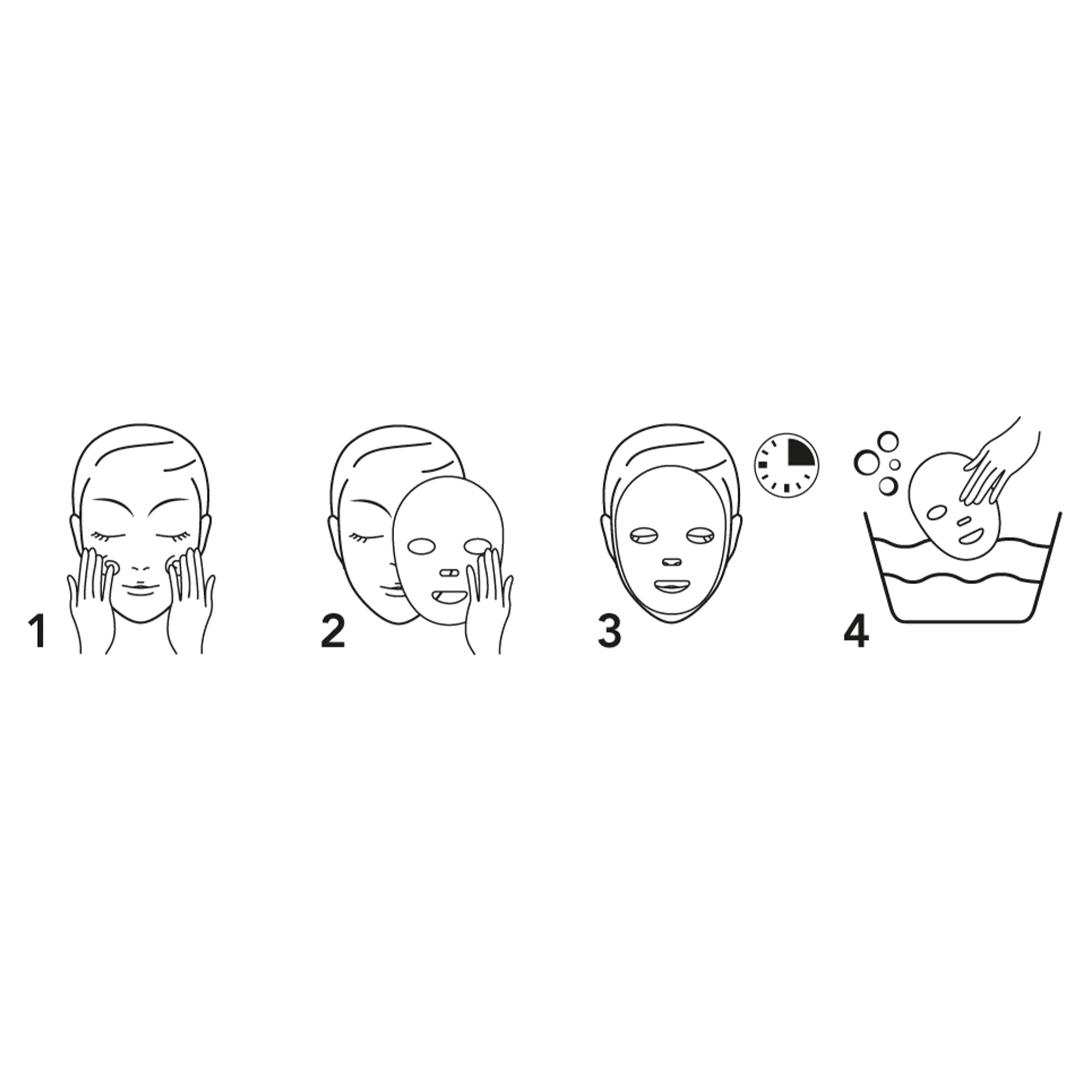 8050148500940_3-T50094-Beauty-Booster Schritt-für-Schritt-Anleitung zur Anwendung einer Gesichtsmaske: Auftragen, Einwirken lassen, Abnehmen und Abspülen.