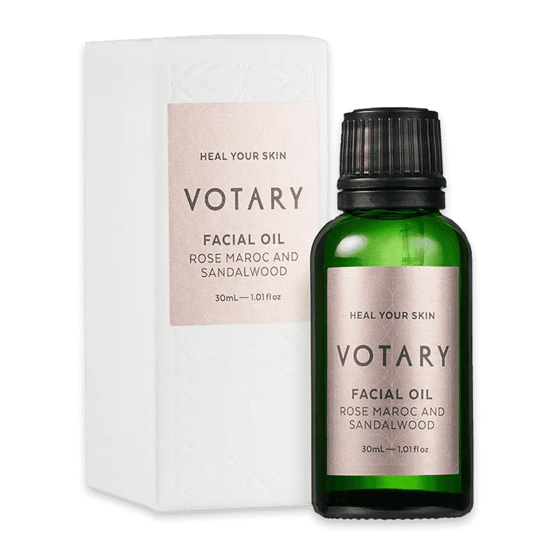 VOTARY Gesichtsöl Rose Maroc und Sandelholz, 30ml Flasche und Verpackung.
