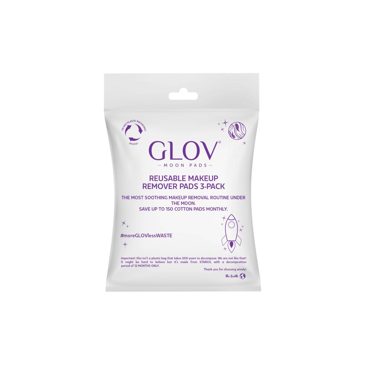 GLOV Moon Pads, wiederverwendbare Abschminkpads, 3er-Pack, Verpackung mit lila Schrift und Symbolen.
