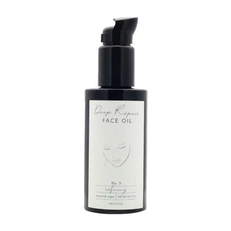 Schwarze Flasche mit Deep Repair Face Oil von Hello Sue, No. 5, 100 ml, vegan und natürlich.