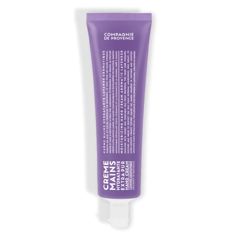 Lavendelfarbene Handcreme-Tube mit weißer Aufschrift 'Creme Mains Hydratante' und 'Compagnie de Provence'.