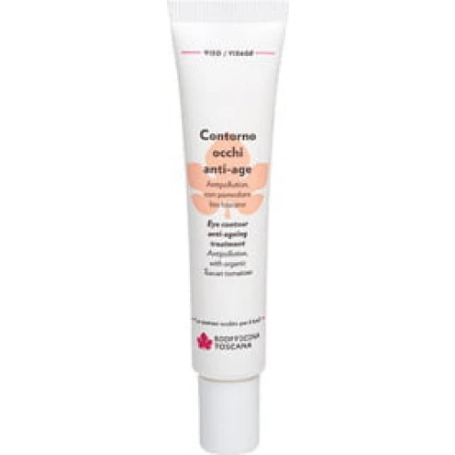 Tube mit Anti-Aging-Augencreme von Bottega di LungaVita, weiße Verpackung mit rotem Logo und schwarzem Text.