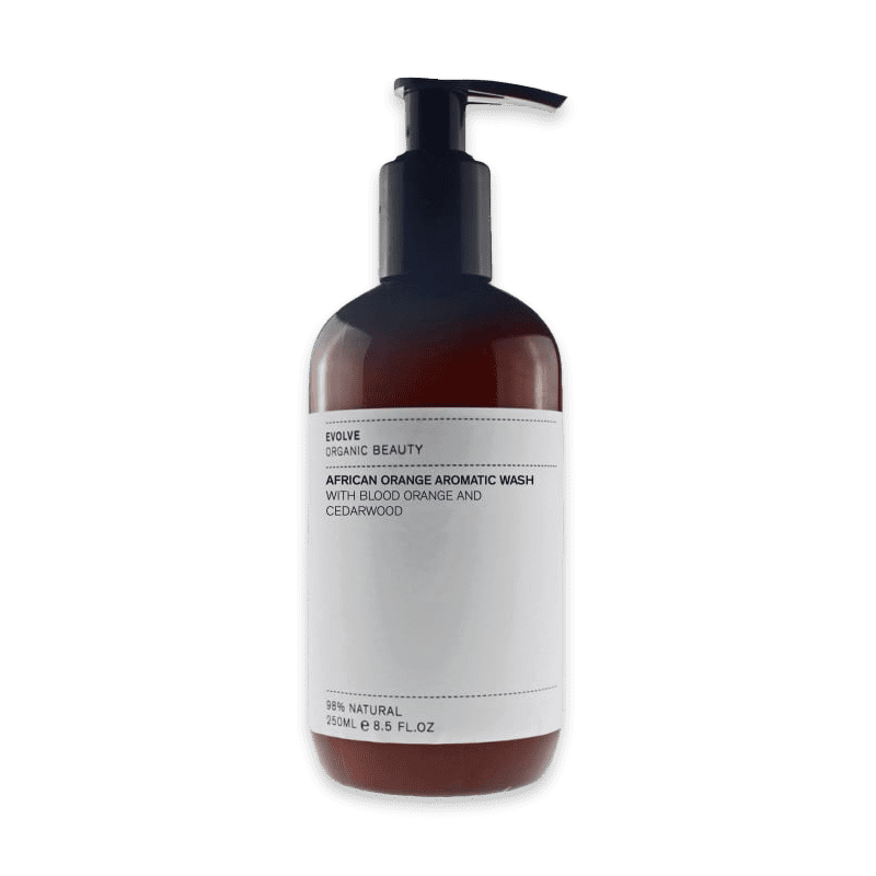 evolve-organic-beauty-african-orange-body-wash_optimized Evolve Organic Beauty African Orange Body Wash, 250ml Flasche mit Pumpspender, auf weißem Hintergrund.
