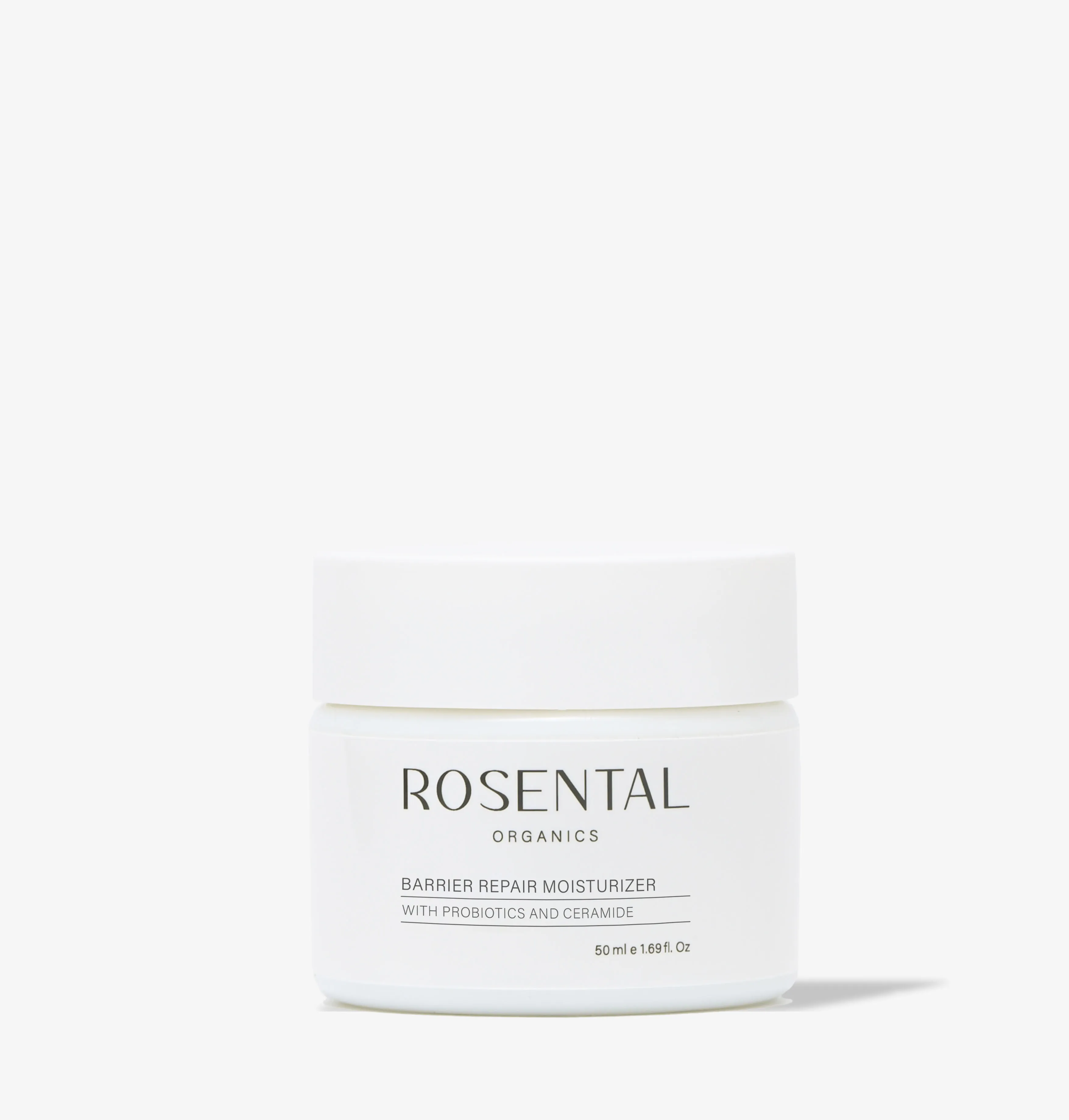 Rosental Organics Barrier Repair Moisturizer, 50 ml, mit Probiotika und Ceramid, weiße Verpackung auf weißem Hintergrund.