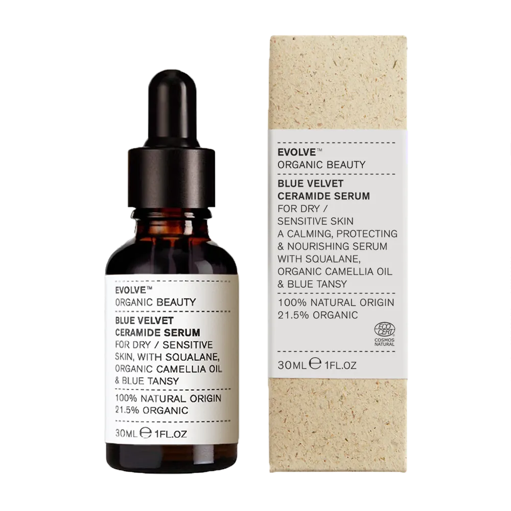 Evolve Blue Velvet Ceramide Serum 30ml Flasche und Verpackung, beruhigendes und pflegendes Serum für trockene/empfindliche Haut.