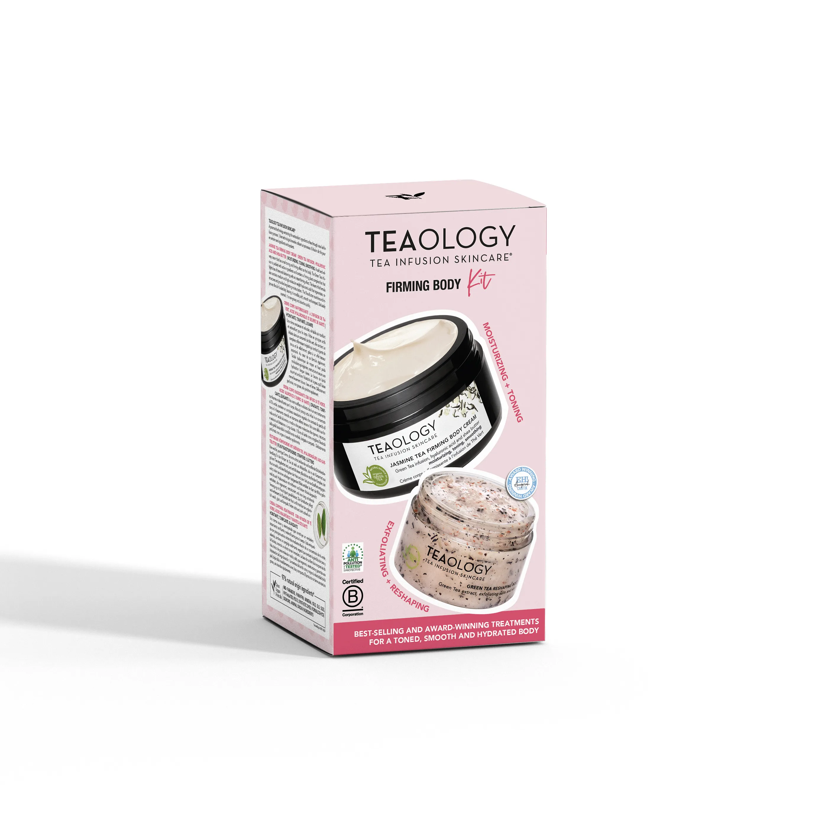 Tealogy Firming Body Kit Verpackung mit Körpercreme und Peeling auf weißem Hintergrund.