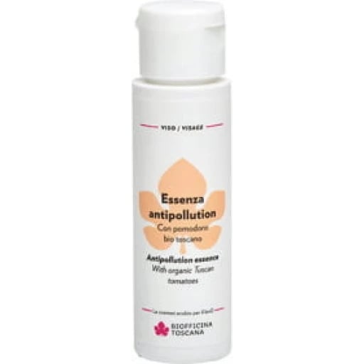 74809_754eccf6-512x512 Flasche mit Essenza Antipollution, Bio Toscana, Gesichtspflege, weiße Verpackung mit beigem und rotem Text.