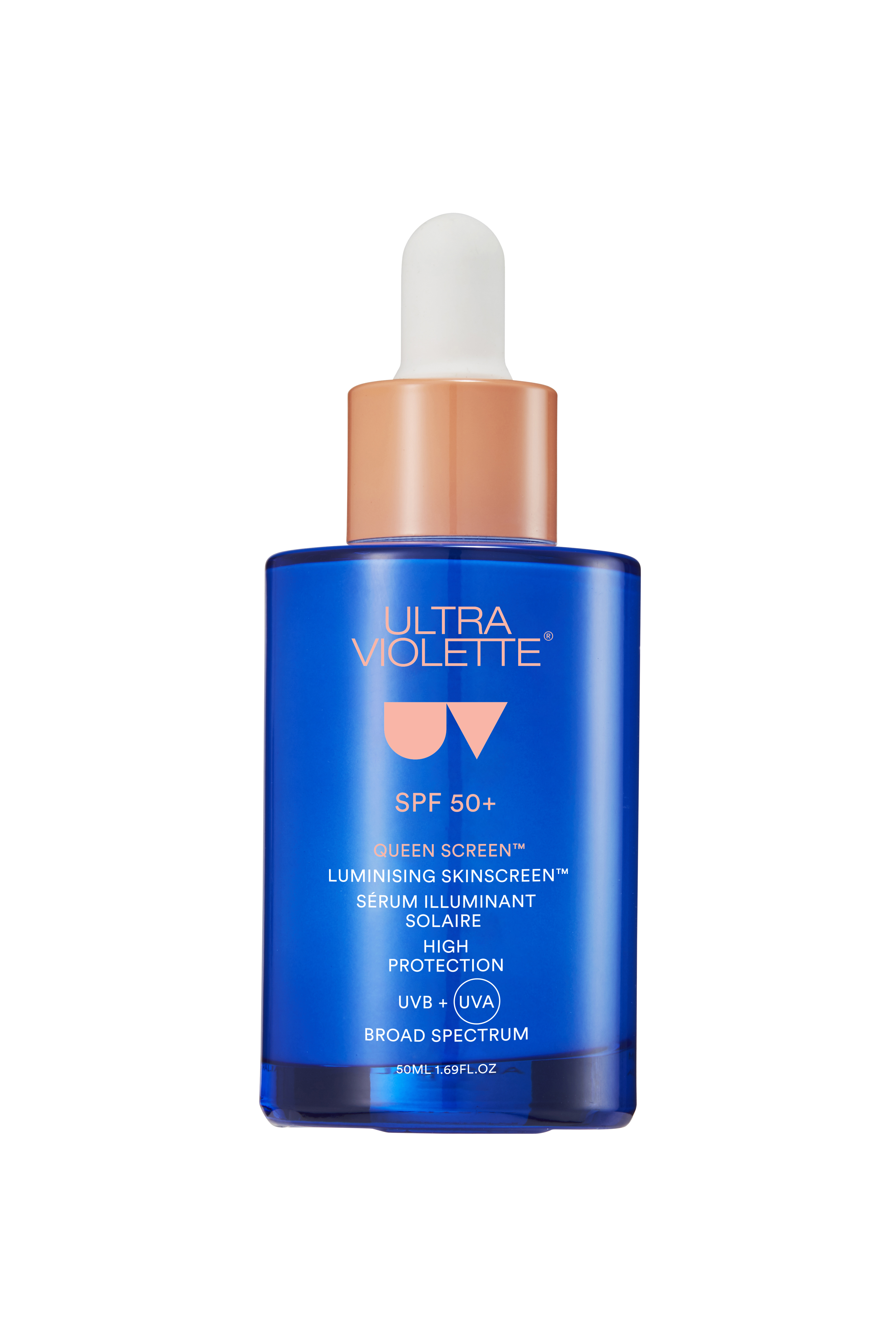 UV_QUEEN_BOTTLE_NEW Blaues Fläschchen Ultra Violette SPF 50+ Queen Screen Luminising Skinscreen Serum mit Pipette, 50 ml.