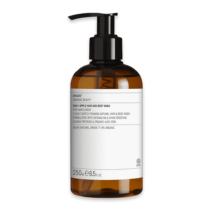 evolve-organic-beauty-daily-apple-hair-body-wash Evolve Organic Beauty Daily Apple Hair & Body Wash, 250 ml, braune Flasche mit Pumpspender.