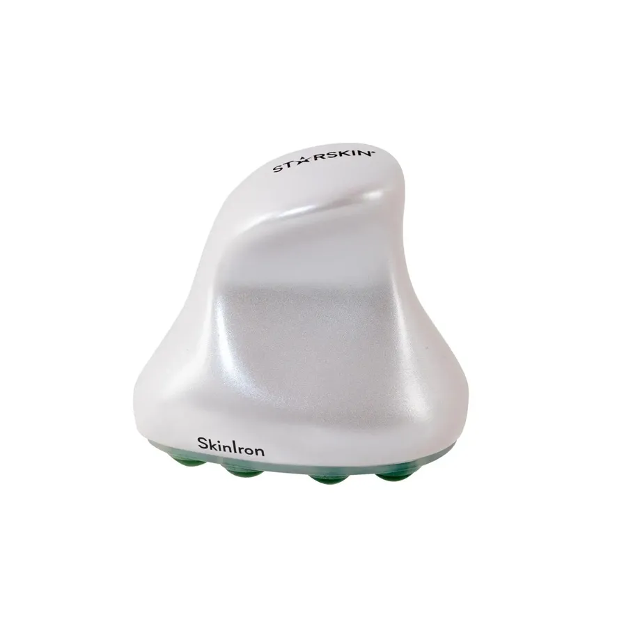 Ein weißes STARSKIN SkinIron-Massagegerät mit grünen Massageköpfen.