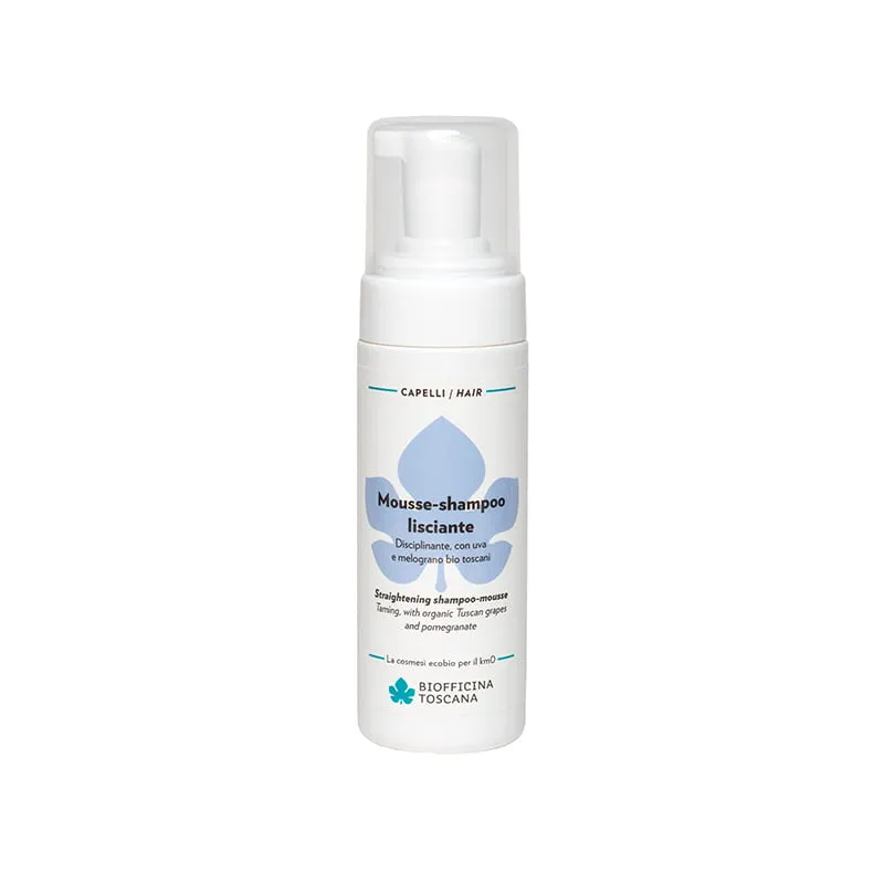 Flasche mit Mousse-Shampoo für glattes Haar von Biofficina Toscana, 150 ml.