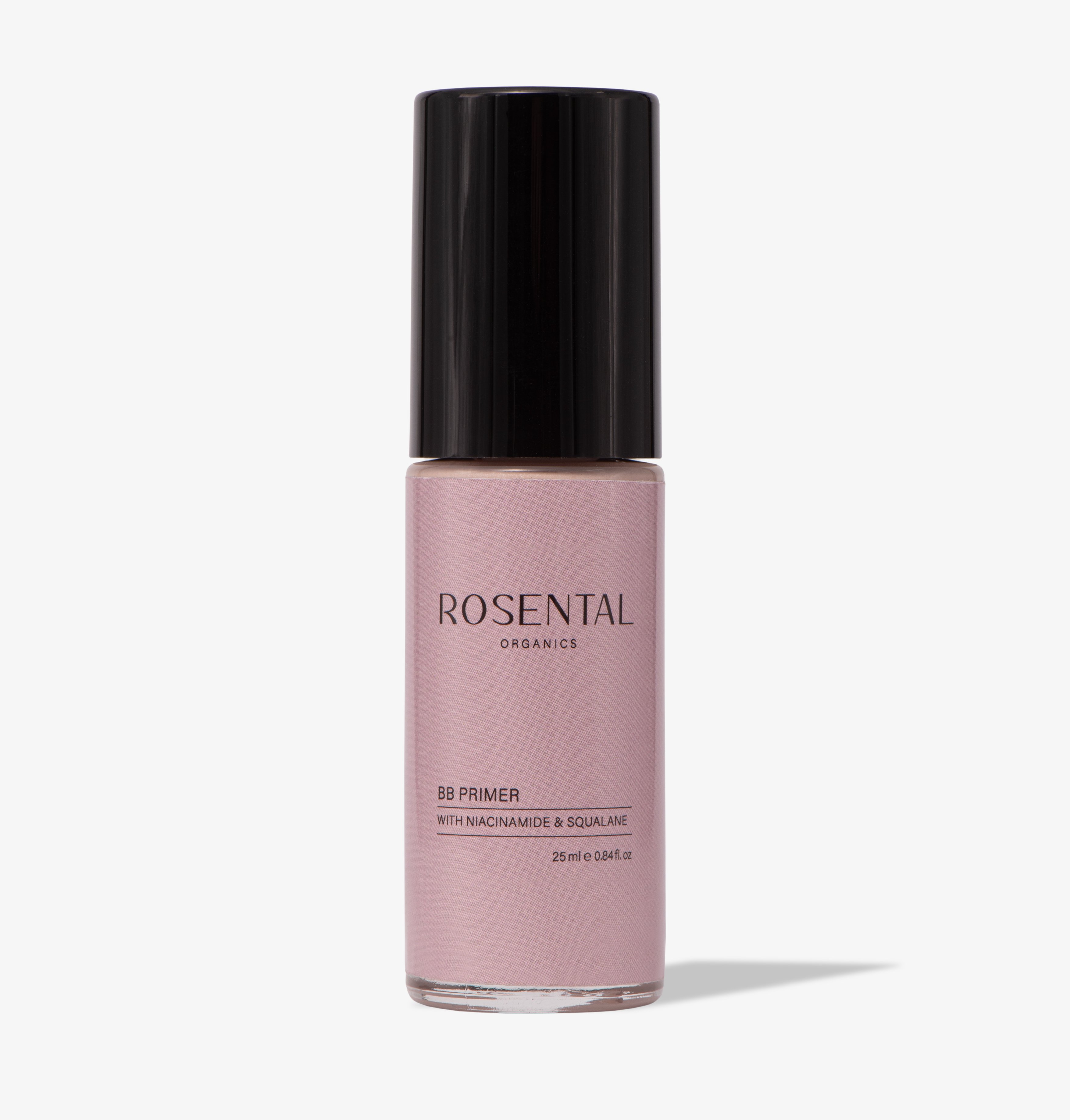 4260576415813 Rosental Organics BB Primer mit Niacinamid und Squalan, 25 ml Flasche, schwarzer Deckel, rosa Etikett.