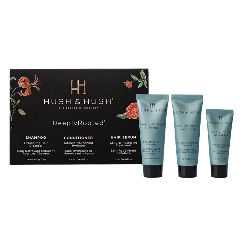 Hush & Hush DeeplyRooted Trial Set: Shampoo, Conditioner und Haarserum in blauen Tuben vor schwarzer Verpackung.