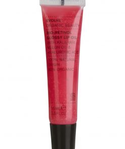 Evolve Bio-Retinol Glossy Lip Oil 15ml in einer rosa Tube mit schwarzem Deckel.