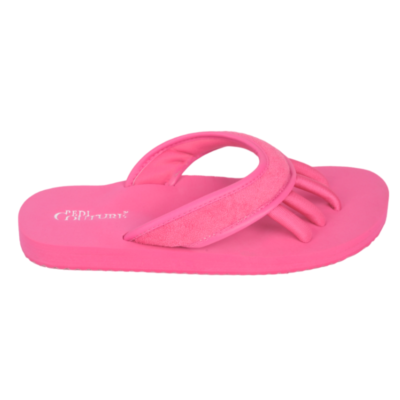 Rosa Pediküre-Sandale mit Zehentrenner und weichem Frottee-Material.