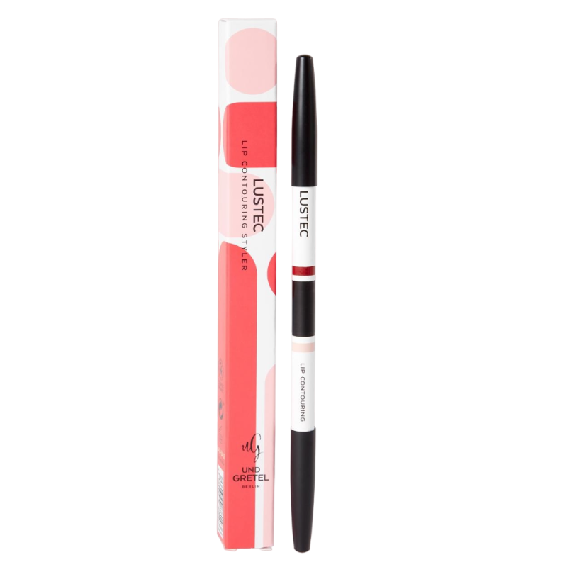 UND-GRETEL-LUSTEC-LIP-COUNTOURING-STYLER-05-HOT-RED UND GRETEL LUSTEC Lip Contouring Styler 05 Hot Red, Lippenkonturenstift neben Verpackung.