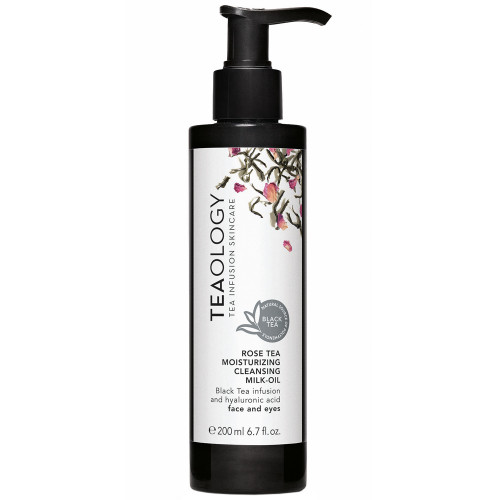 Flasche Teaology Rose Tea Moisturizing Cleansing Milk-Oil, 200 ml, auf weißem Hintergrund.
