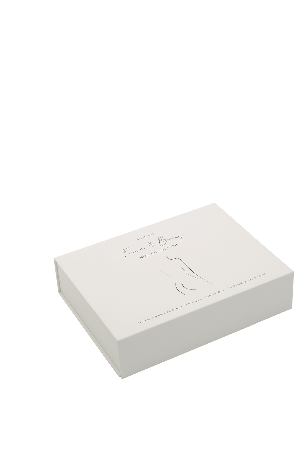 Weiße Box mit der Aufschrift 'Face & Body Mini Collection' auf weißem Hintergrund.