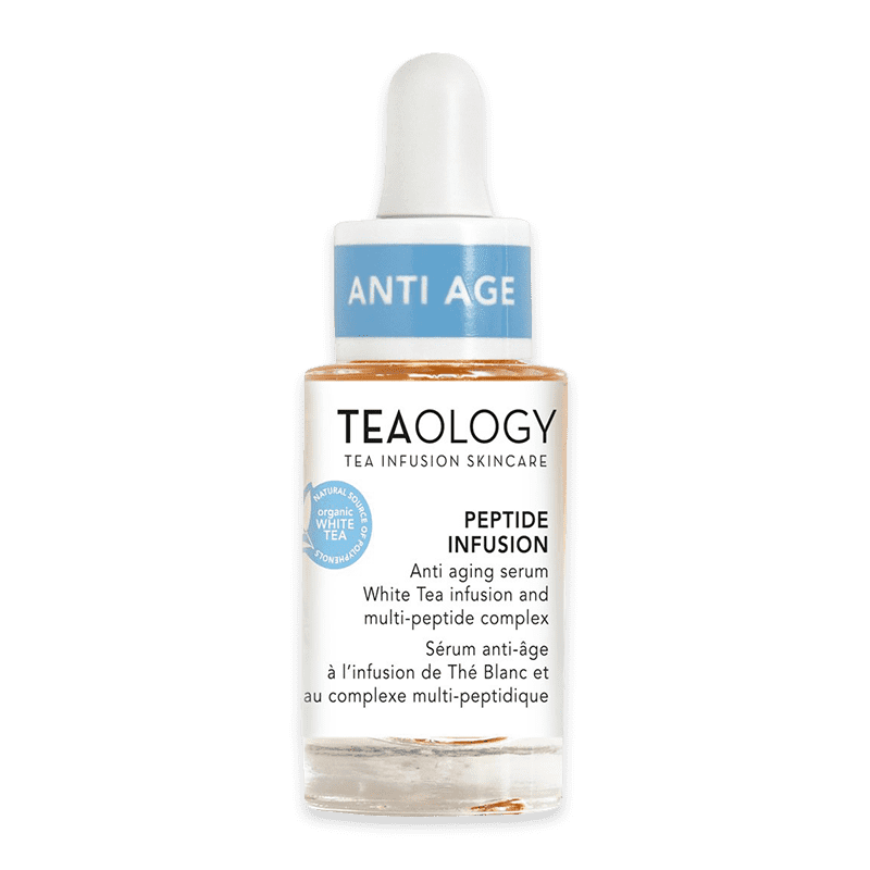 Flasche Teaology Peptide Infusion Anti-Aging-Serum mit Weißtee-Infusion und Multi-Peptid-Komplex.
