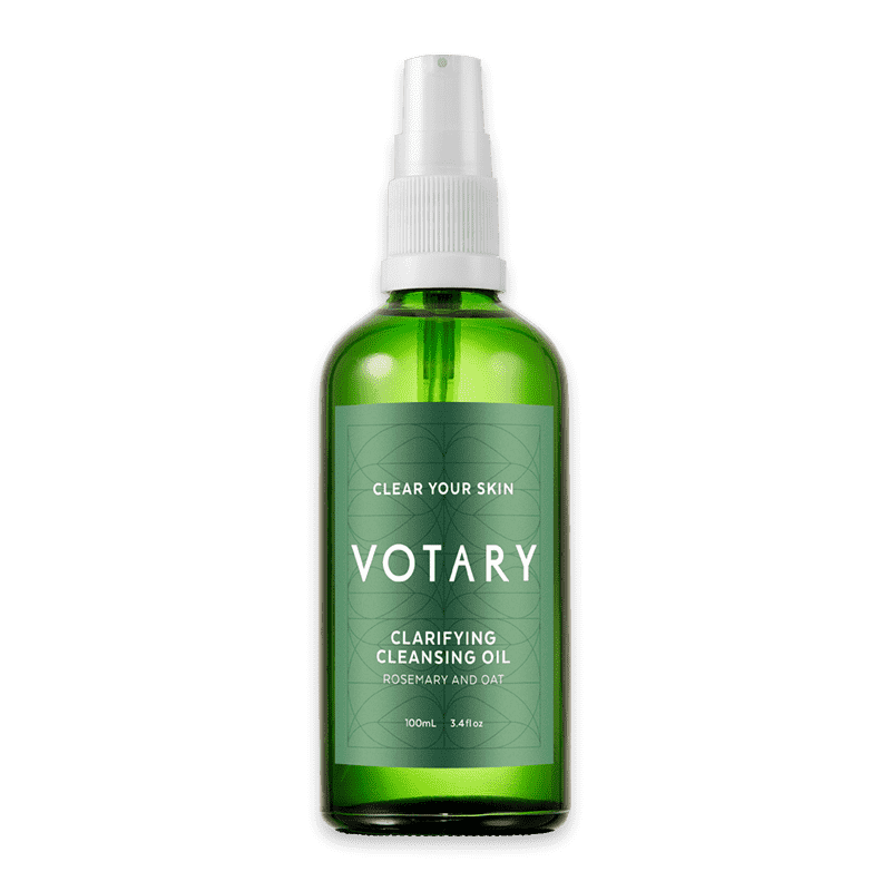 Grüne Flasche Votary Clarifying Cleansing Oil mit Sprühkopf, 100 ml, Rosmarin und Hafer.