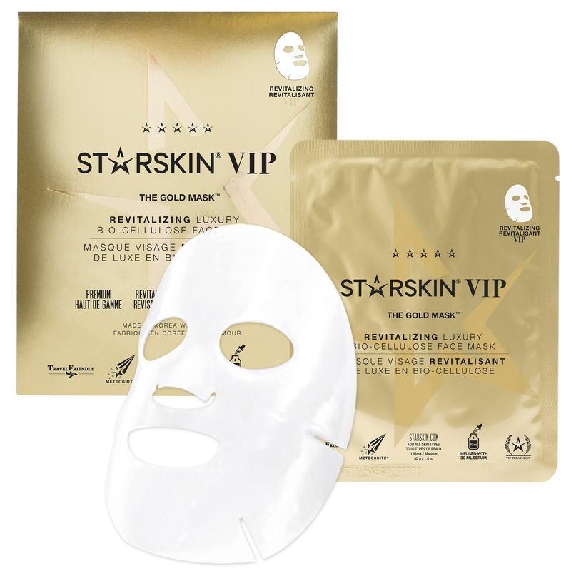 STARSkin VIP The Gold Mask, revitalisierende Luxus-Bio-Cellulose-Gesichtsmaske, Verpackung und Maske abgebildet.