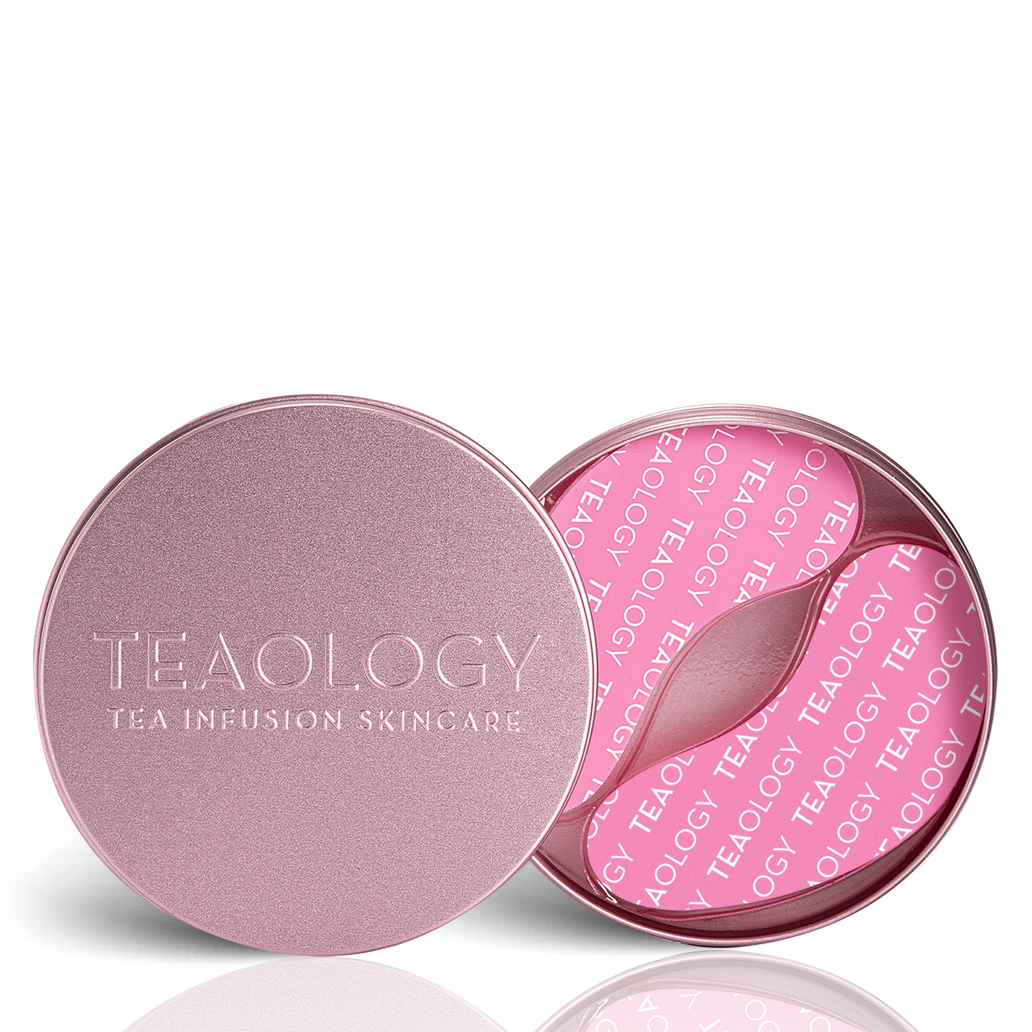 Rosa Tealogy-Dose mit geöffnetem Deckel, zeigt rosa Augenpatches mit Tealogy-Logo.