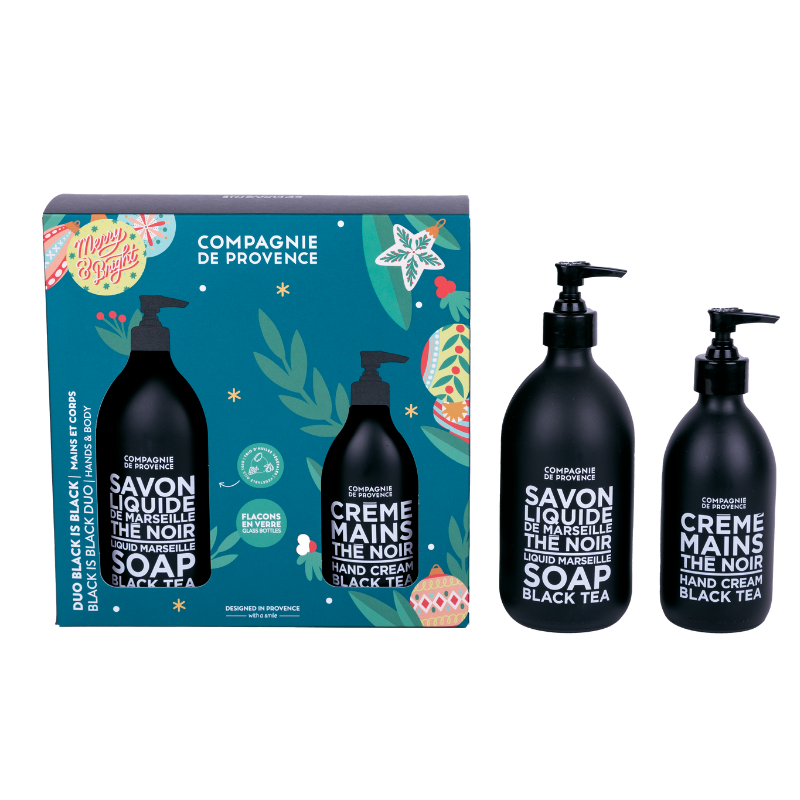 SOFT-SKIN-KIT-BLACK-TEA-2023 Schwarzes Teepflege-Set: Flüssigseife und Handcreme von Compagnie de Provence in dekorativer Verpackung.