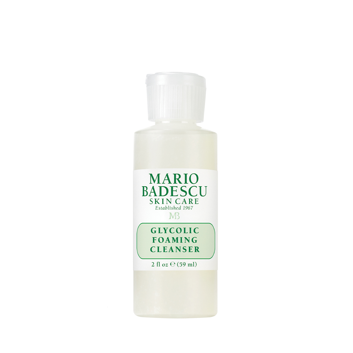 Flasche Mario Badescu Glycolic Foaming Cleanser, 59 ml, auf weißem Hintergrund.