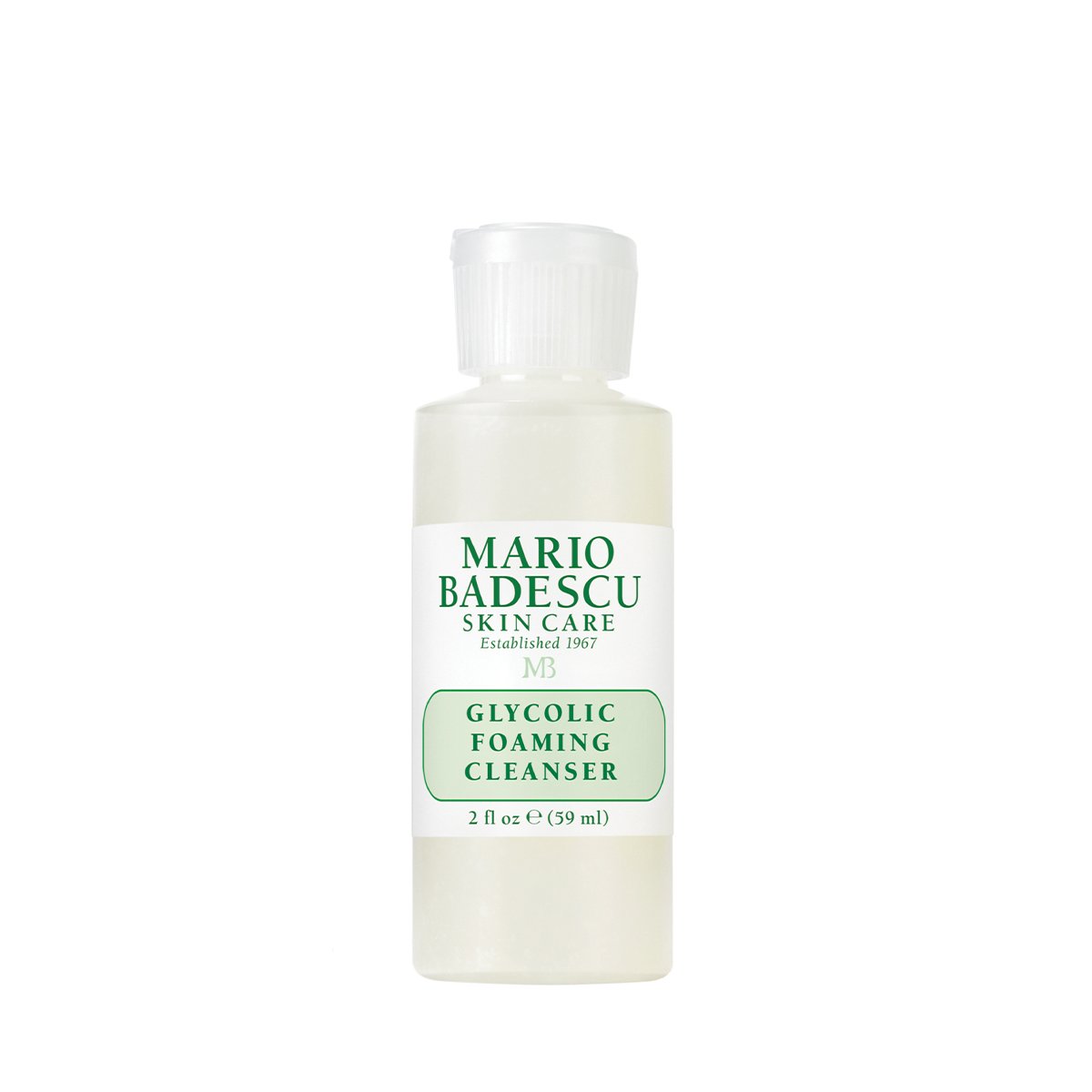 01433_0-glycol-reise Flasche Mario Badescu Glycolic Foaming Cleanser, 59 ml, auf weißem Hintergrund.