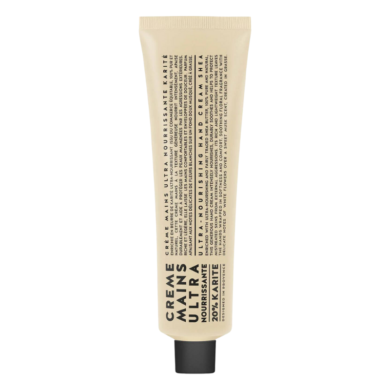 HAND-CREAM-100ML-KARITE-_-SHEA Handcreme 100ml Tube mit Karité-Shea-Butter, beige Verpackung, schwarze Schrift.