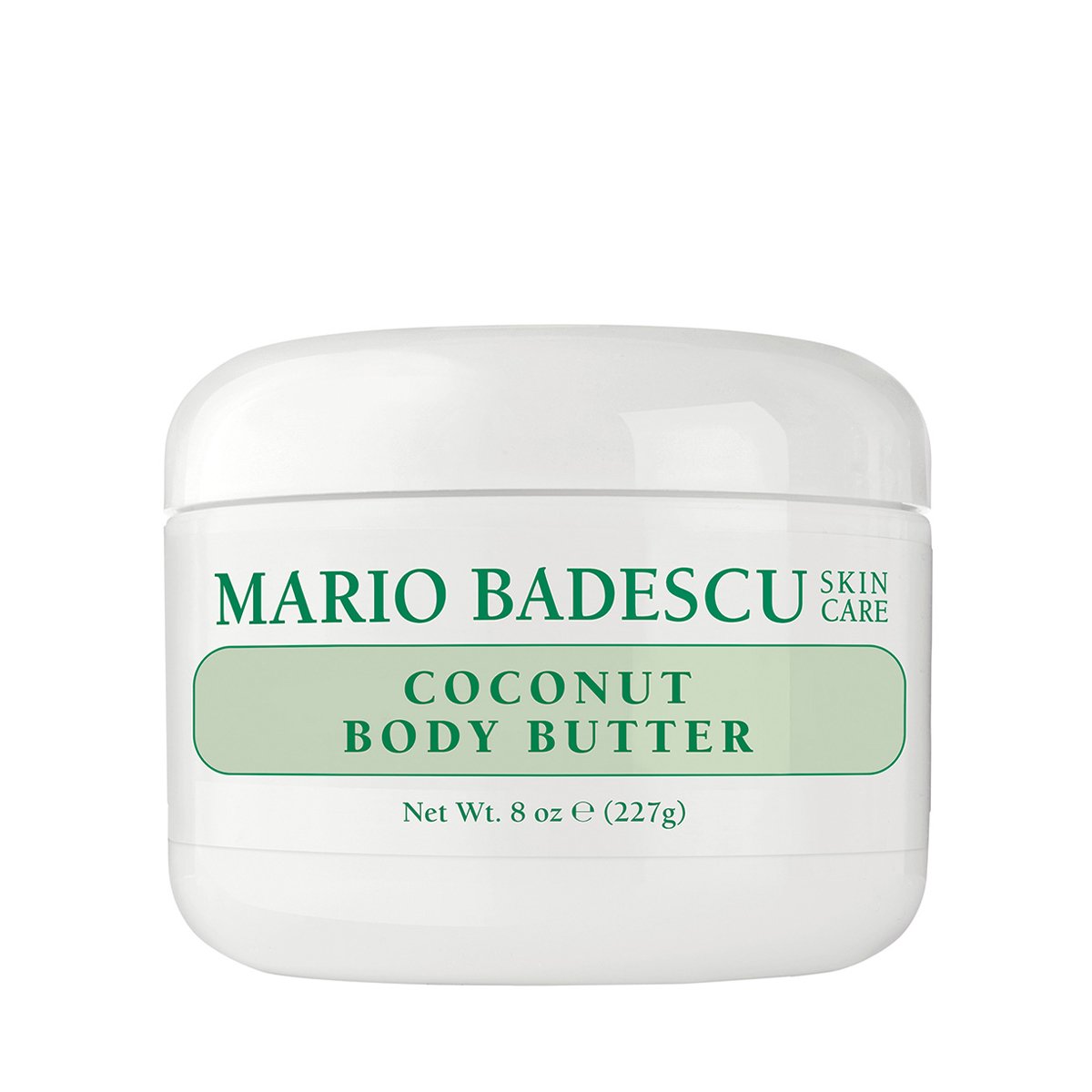 10459_0 Weiße Dose mit grünem Etikett, Aufschrift: "Mario Badescu Coconut Body Butter".