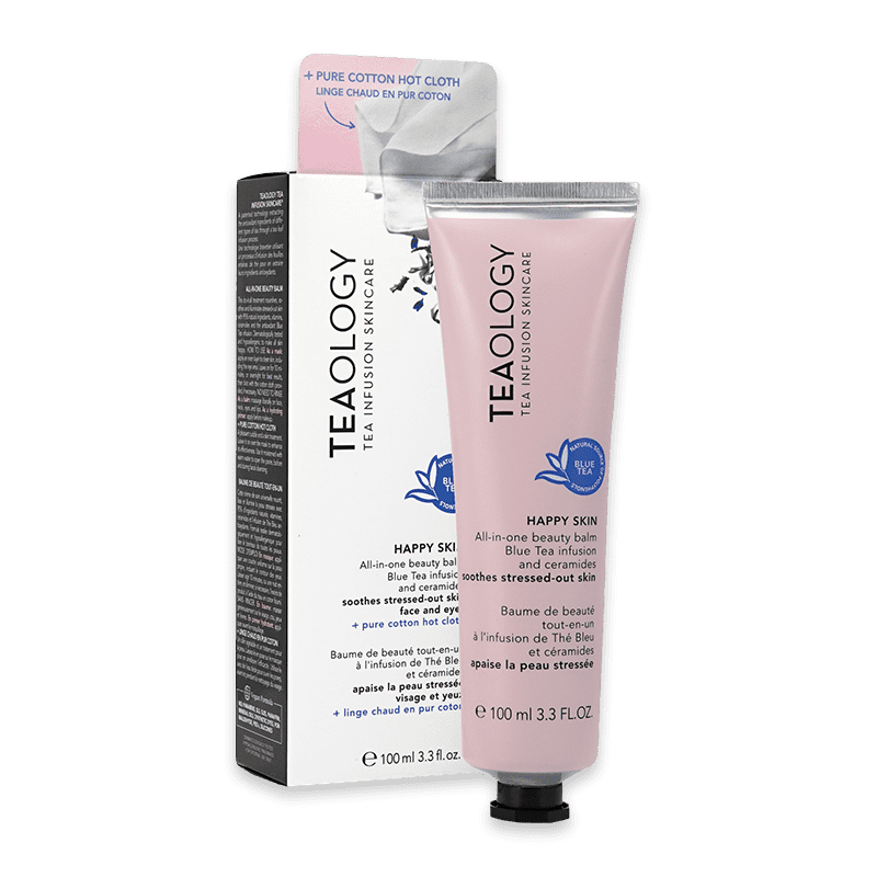 TEAOLOGY Happy Skin All-in-One Beauty Balm, 100 ml Tube und Verpackung, mit Baumwolltuch.