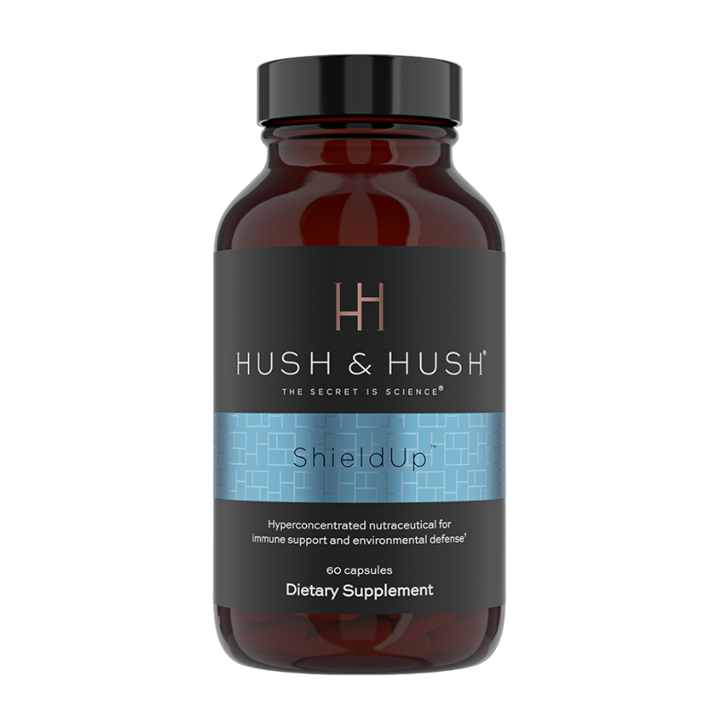 HUSH-HUSH-SHIELDUP HUSH & HUSH ShieldUp Nahrungsergänzungsmittel, 60 Kapseln, braune Flasche mit blauem Etikett, unterstützt das Immunsystem.