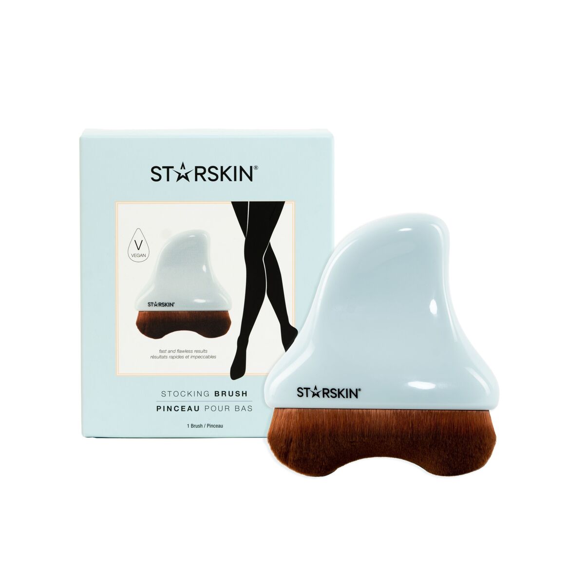 ST☆RSKIN Strumpfbürste vor Verpackung mit Beinen und Bürste, weißer Hintergrund.
