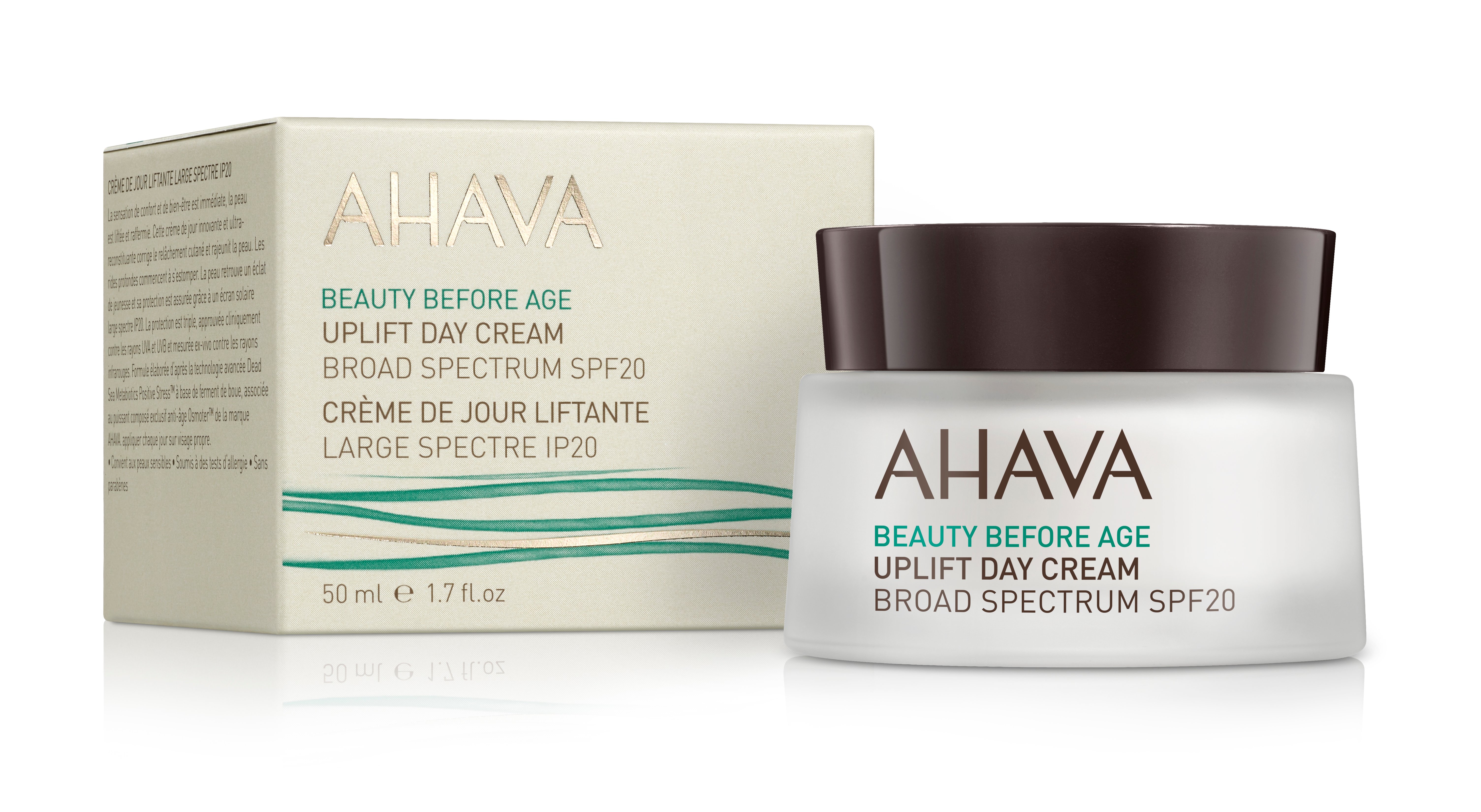 Uplift-Day-Cream-AHAVA AHAVA Uplift Day Cream SPF 20, 50 ml, in weißem Tiegel mit braunem Deckel, neben der Produktverpackung.