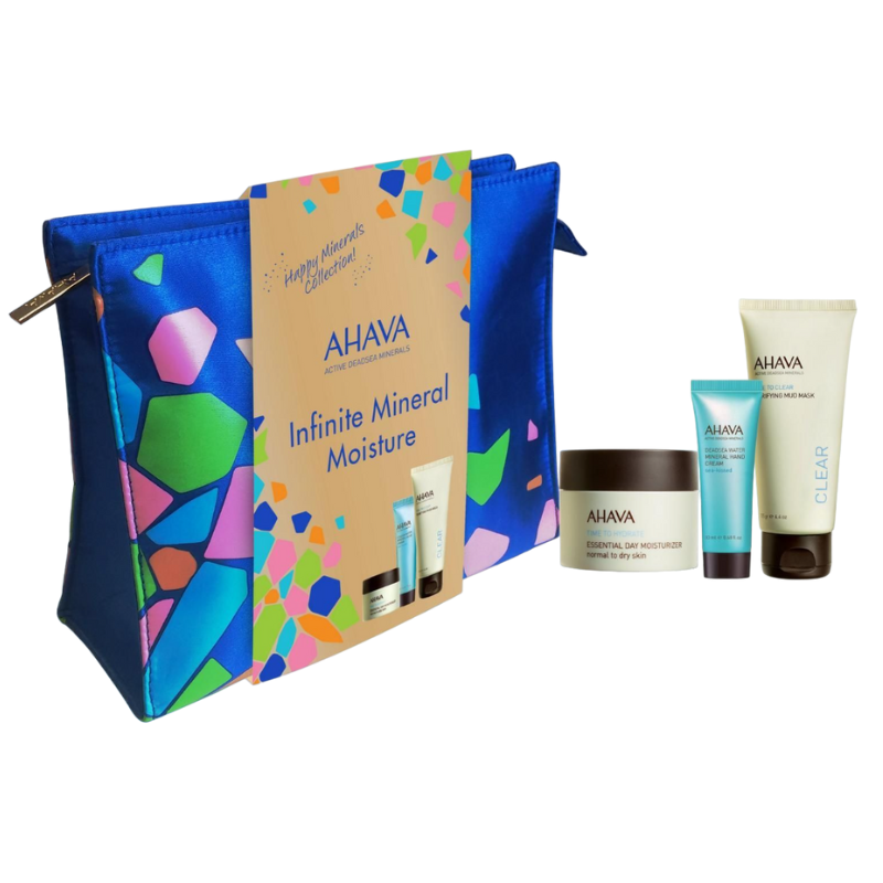 AHAVA Infinite Mineral Moisture Kit mit bunter Kosmetiktasche, Feuchtigkeitscreme, Handcreme und Gesichtsmaske.