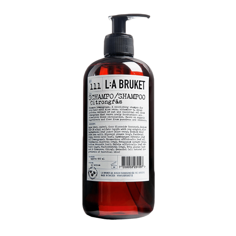 Eine Flasche L:A Bruket No. 111 Shampoo mit Zitronengras, 450 ml, mit Pumpspender.