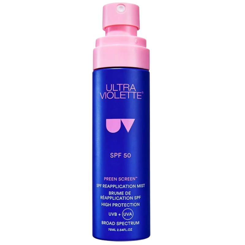PREEN-SCREEN-SPF50-REAPPLICATION-MIST Flasche Ultra Violette Preen Screen SPF 50 Reapplication Mist, 75 ml, blau und rosa Design.