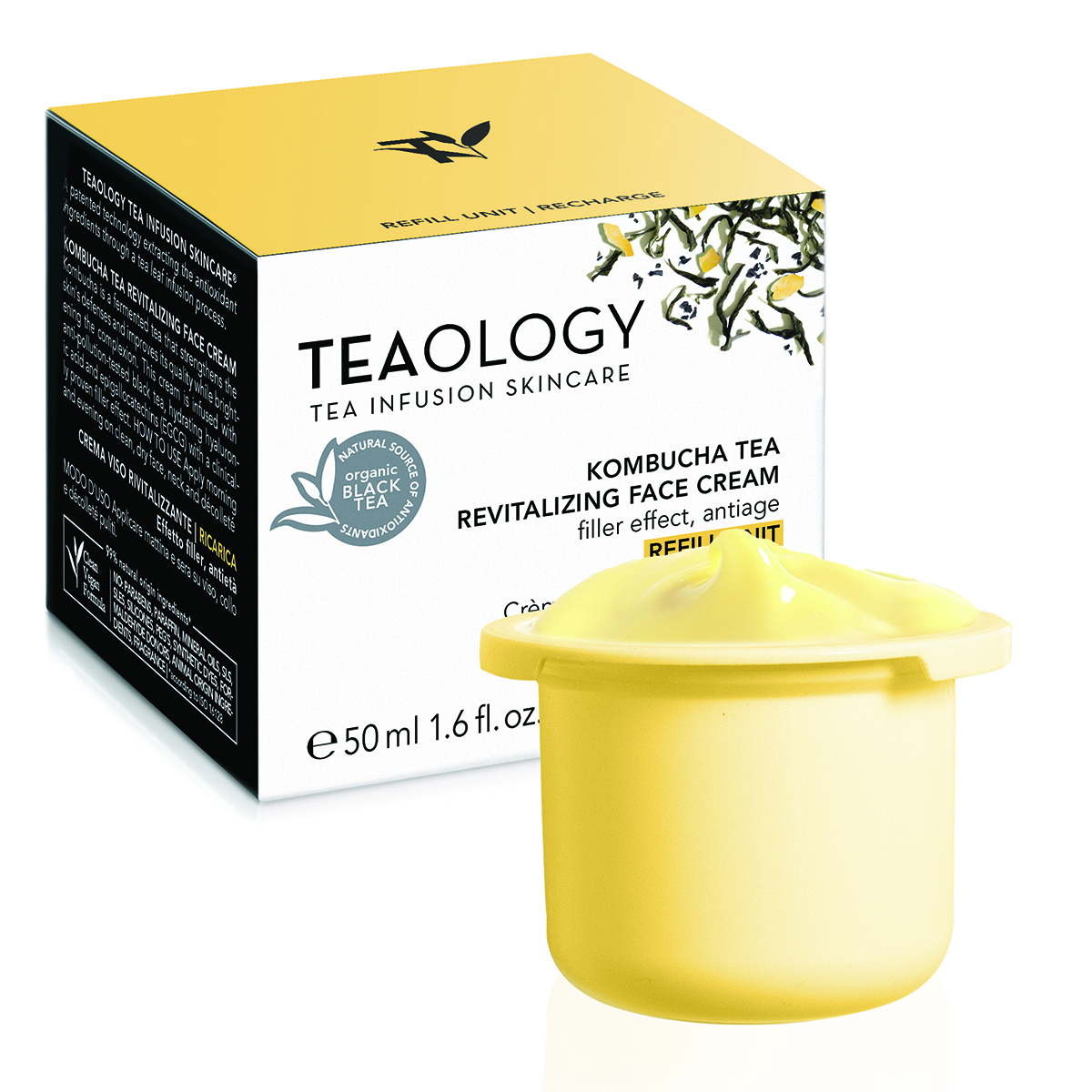 8050148505228_3-T50222-KOMBUCHA-TEA-REVITALIZING-FACE-CREAM-REFILL TEAOLOGY Kombucha Tea Revitalizing Face Cream Refill, 50ml, gelbe Nachfüllpackung vor Produktverpackung.