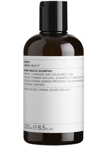 Flasche Evolve Organic Beauty Monoi Rescue Shampoo, 250 ml, für trockenes und geschädigtes Haar.