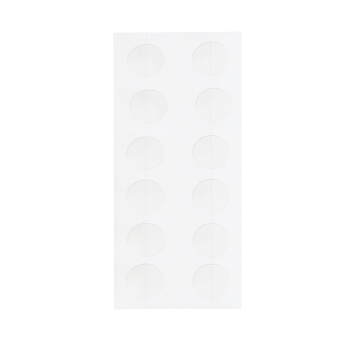 Weiße, runde Aufkleber auf einem rechteckigen Blatt, 12 Stück in zwei Spalten.
