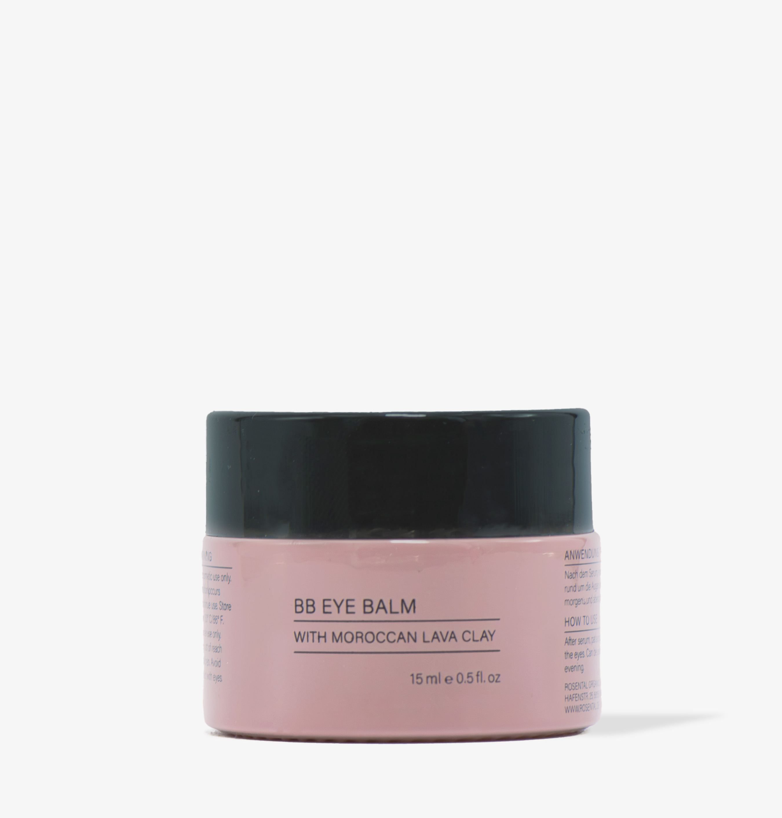 BB Eye Balm mit marokkanischer Lavaerde in einem rosa Tiegel mit schwarzem Deckel, 15 ml.