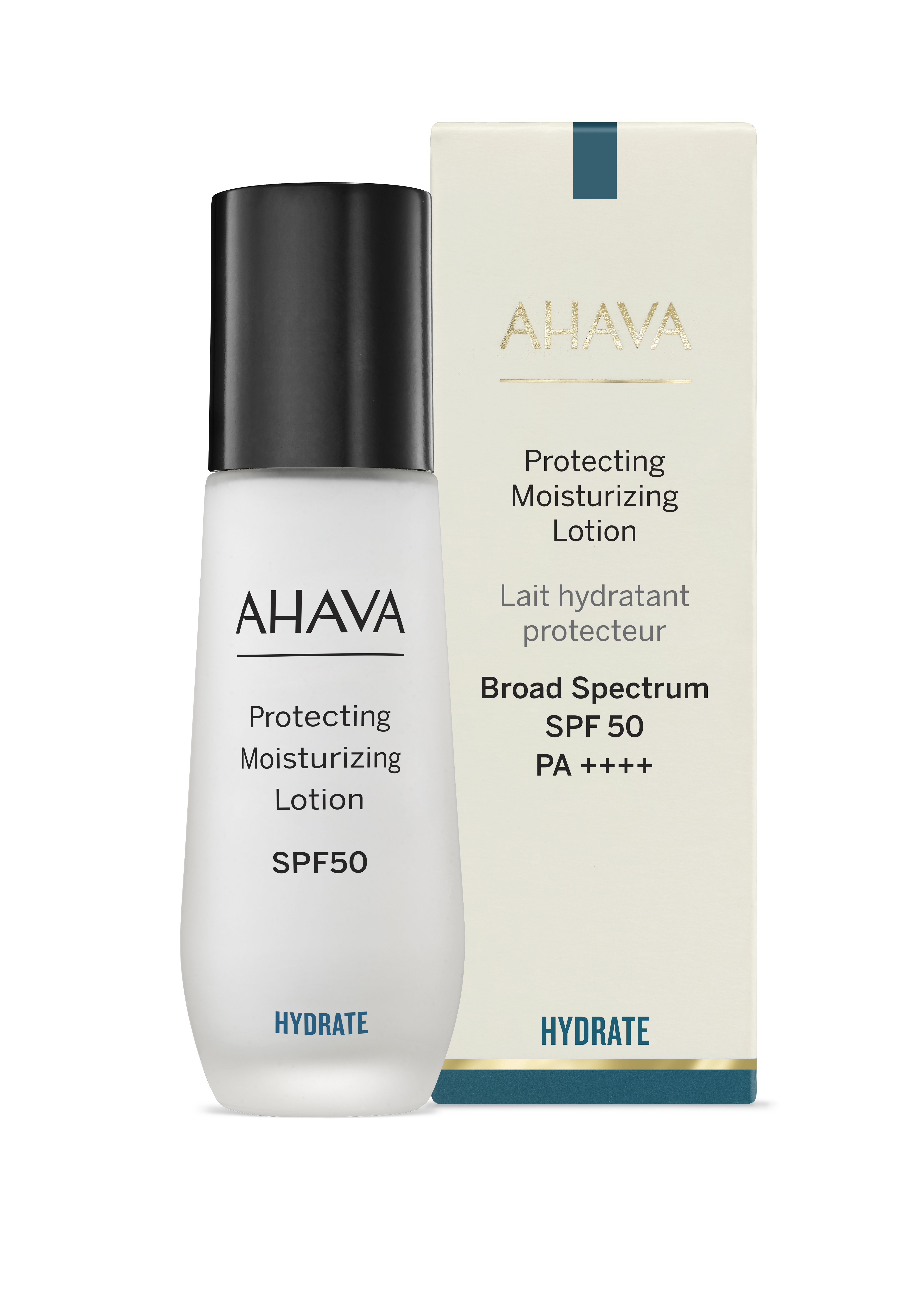 AHAVA schützende Feuchtigkeitslotion SPF 50, 50 ml Flasche vor Verpackung.