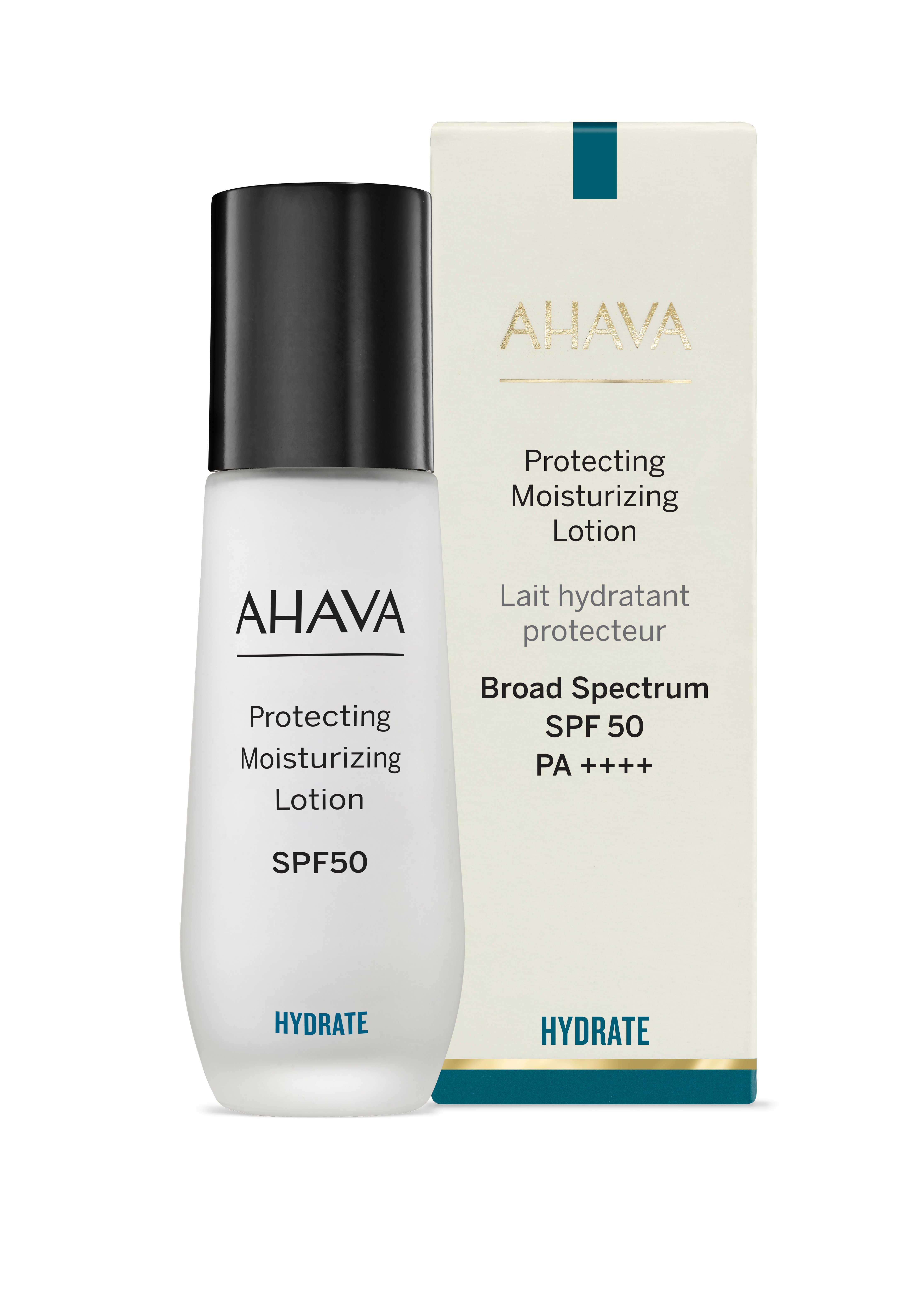 0697045162901 AHAVA schützende Feuchtigkeitslotion SPF 50, 50 ml Flasche vor Verpackung.