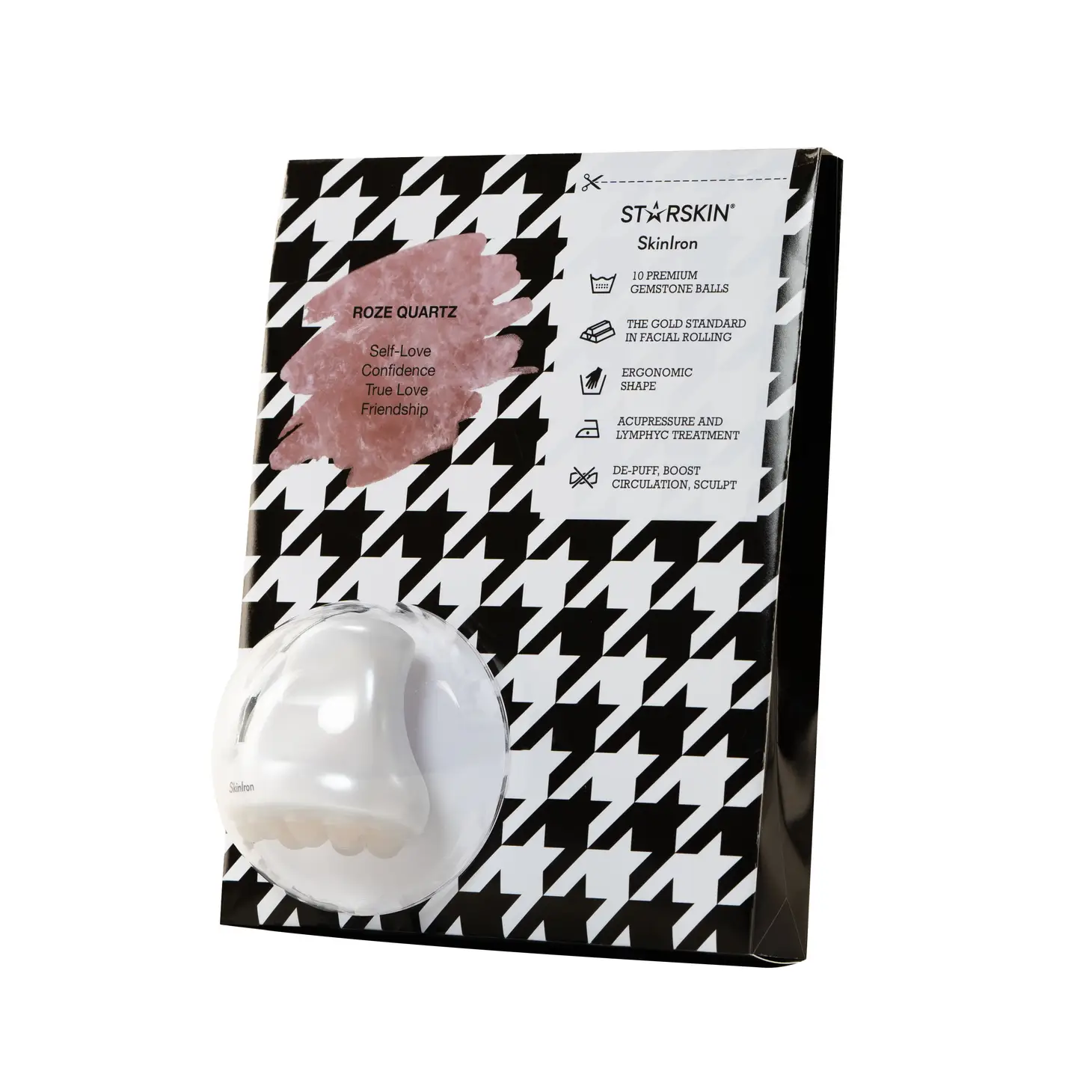 STARSKIN Skincare-Set mit Rosenquarz und Massagegerät in schwarz-weißem Verpackungsdesign.